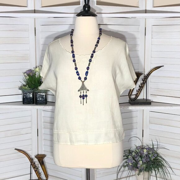 Vintage Cream Linen Embroidered Blouse Short Sleeve XL - Picture 1 of 11